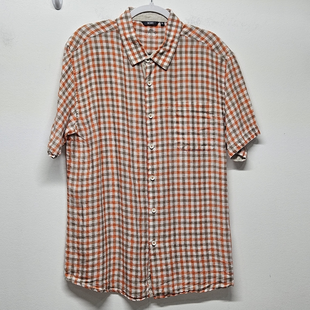 Bohio Mens XL Linen Plaid Short Sleeve Button Up Shirt Orange Tan Casual Beach